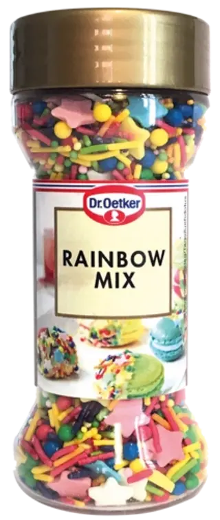 Dr. Oetker Rainbow mix koristerakeita ja 9-11 sateenkaarikarkkinauhaa puoliksi leikattuina