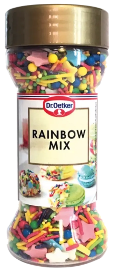 Dr. Oetker Rainbow mix koristerakeita ja 9-11 sateenkaarikarkkinauhaa puoliksi leikattuina