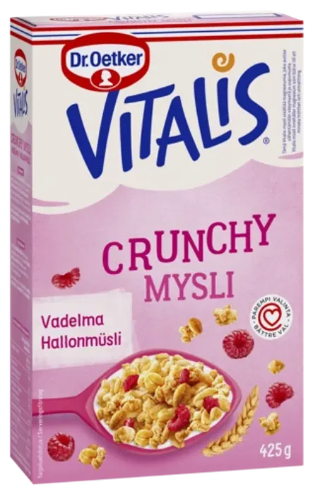 Dr. Oetker Vitalis Crunchy -30 % sokeria vadelmamysliä